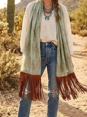 Crazy Train Cactus Print Boho Scarf with Faux Leather Fringe